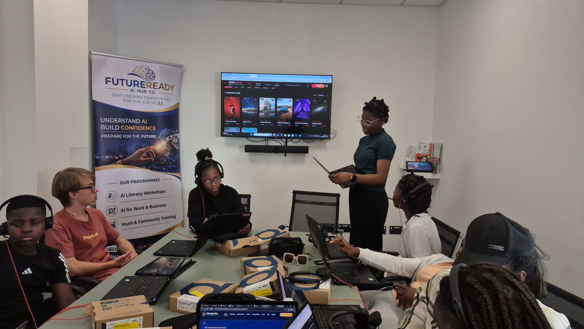 The group reviewing a streaming platform homepage a participant designed using AI tools